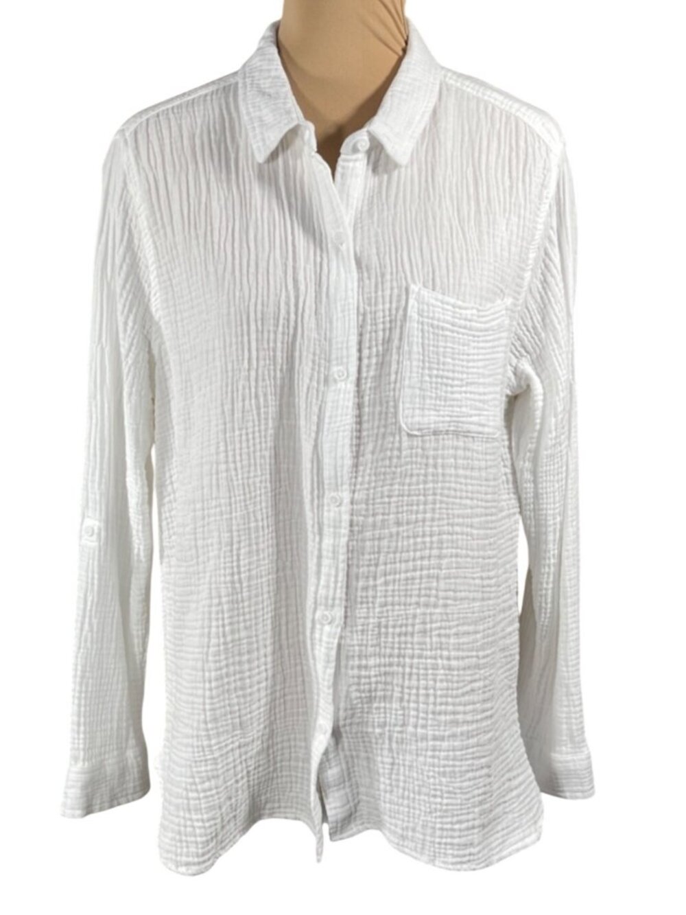 Anne Klein Jeans Button Front Top Gauzey White Size L Large Long Sleeve